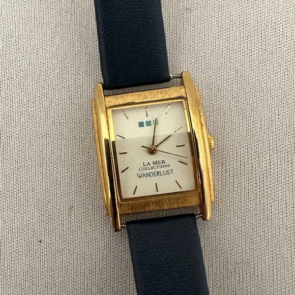 La Mer Collection Wanderlust ladies watch gold tone case and navy leather band - Picture 1 of 5